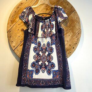 Trixxi Persian Pattern Midi off shoulder stretchy blue white pink color dress -M